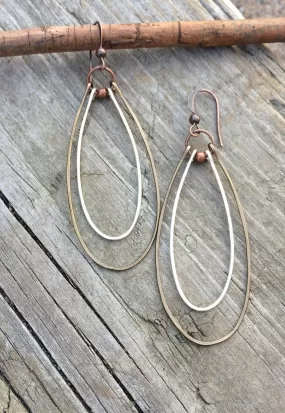 Mixed Metal Earrings, Long Hoop Earrings, Silver Copper Jewelry, Hammered Copper Hoop Earrings, Copper Gift for Women